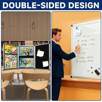 uyoyous 3 Panel Trade Show Presentation Board 70.8 x 35.4 inches Trifold Poster Board Double Sided Presentation Whiteboard Folding Display Panel for Science Fair, Trade Show Table Top