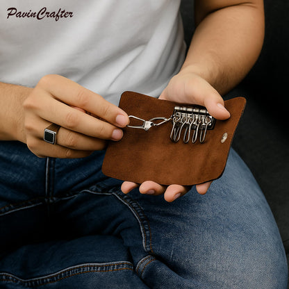 PavinCrafter Leather Key Sleeve – Brown Genuine Leather Key Holder with 6 Ring Slots & Button Closure – Compact Key Organizer for Men & Women