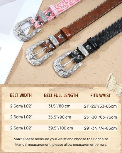 Kajeer Kids Western Belt for Boy,Cowboy Leather Belt Vintage Engraved Embossed Buckle Western Belts for Jeans Gifts