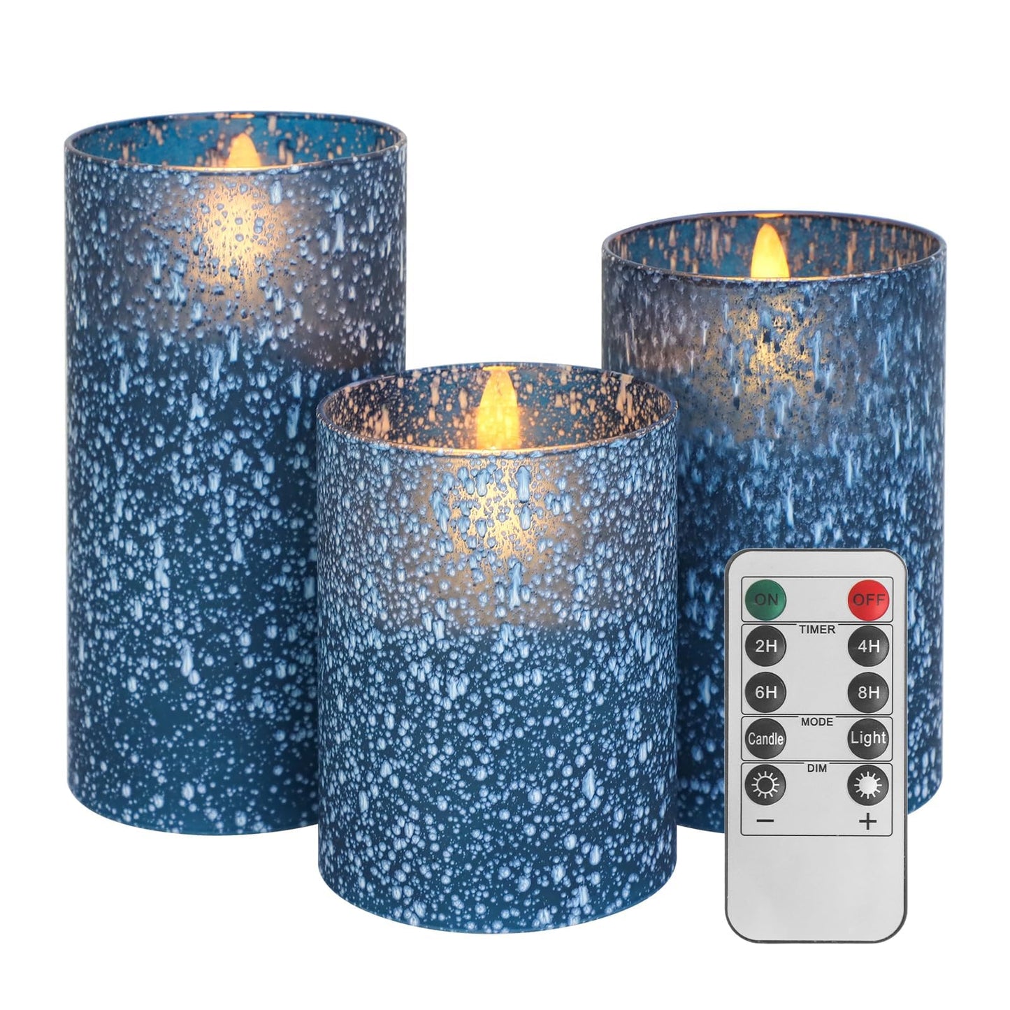Blue Flameless Candles with Remote, Real Wax Glass Battery Operated Candles with Timer, LED Pillar Candle for Bedroom Home Wedding Birthday Party Fall Halloween Christmas Decorations, Set of 3