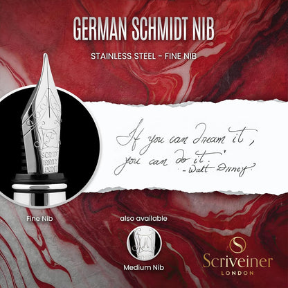 Scriveiner Deep Crimson Red Fountain Pen - Stunning Luxury Pen with Chrome Finish, Schmidt Nib (Fine), Best Pen Gift Set for Men & Women, Professional, Executive, Office, Nice Pens