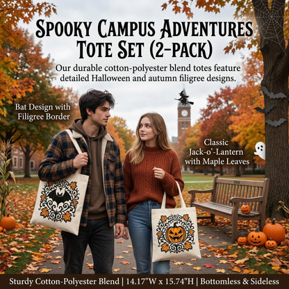 2 Pack Vintage Fall Halloween Canvas Tote Bags,Retro Gothic Ghost Witch Pumpkin Bat&Autumn Maple Leaf,Reusable Carryall Bags for Trick-or-Treat,Fall Harvest&Thanksgiving Gifting (Bat&Pumpkin)