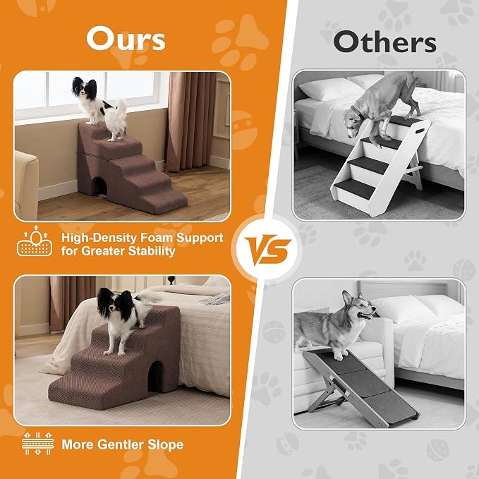 Dog Stairs for Bed 23’’ H, 5-Step Dog Steps for High Bed, Foldable Pet Stairs for Small Dogs and Cats to Get on Beds, Couch, Non-Slip Balanced Pet Steps and Ramp with Waterproof Cover, Brown