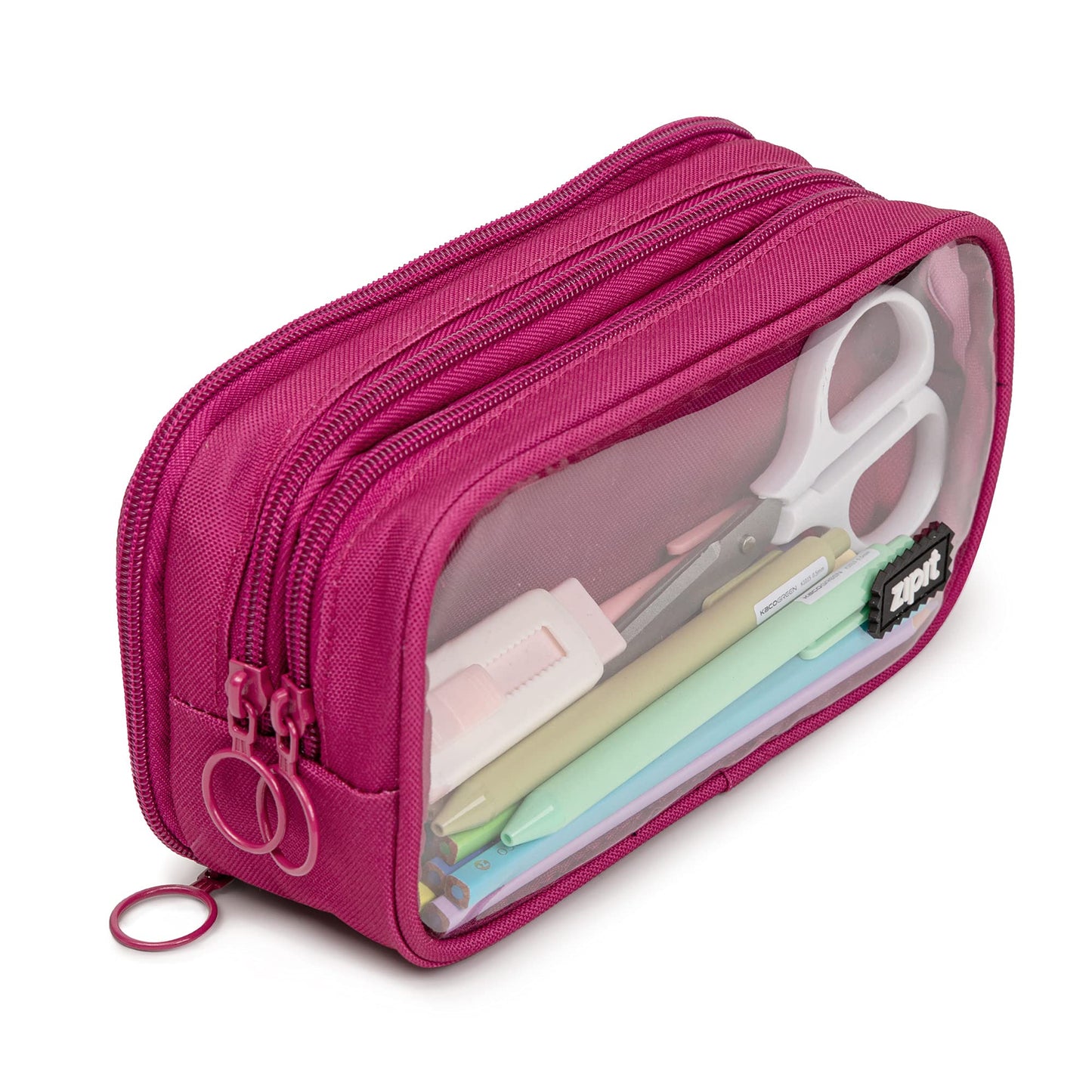 ZIPIT Half & Half Pencil Case for Girls, 3 Compartment Zipper Pouch for School, Stationery Bag for Teen and Adults, Pink