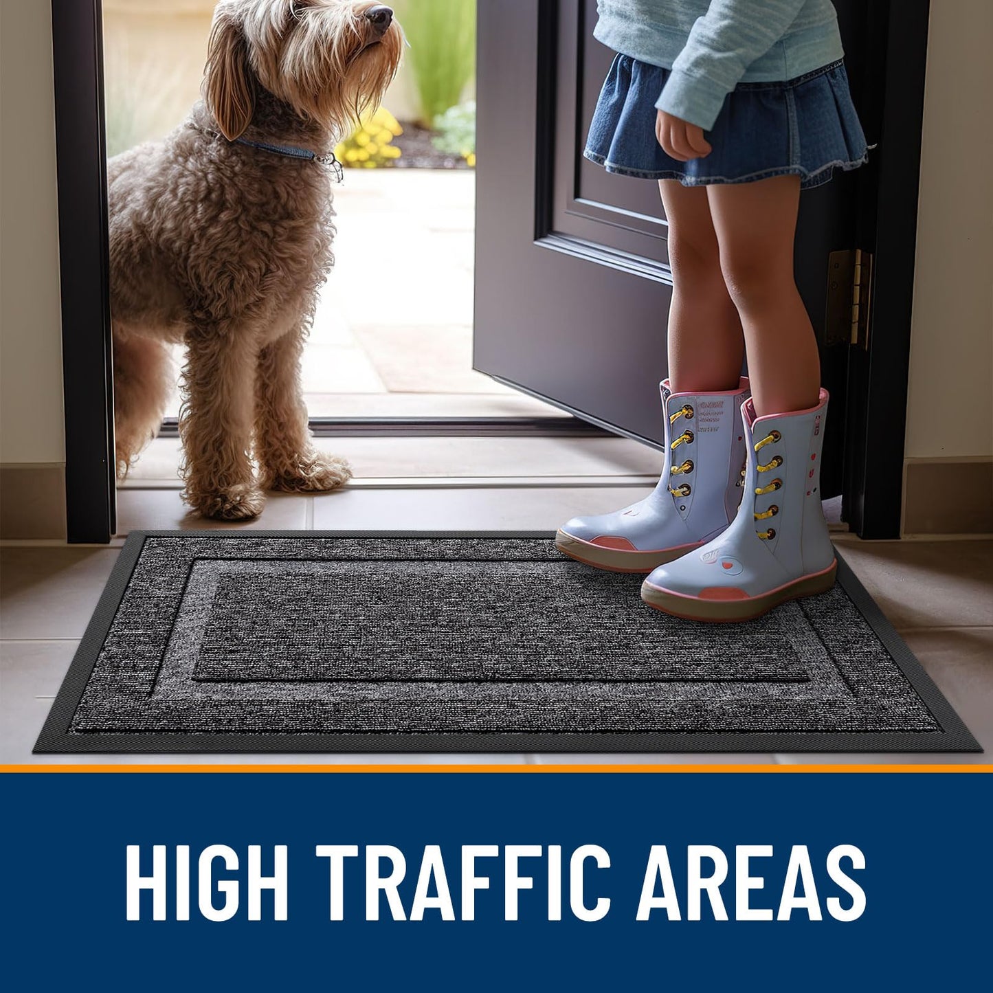 OLANLY Front Door Mat Indoor Outdoor Entrance, Waterproof All-Season, All-Weather Doormat, Sturdy Natural Rubber, Low Profile, Easy Clean Patio Porch Entryway Mat, 29.5x17, Black and White