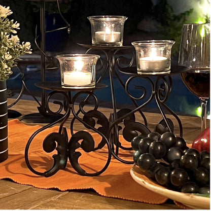 Lily’s Home Elegant Scrollwork Fleur De Lis Pillar Candle Holders, Wax & LED Candle Stands, Black, Set of 3. Candles Not Included