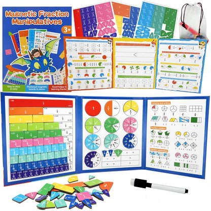 CABVIP Magnetic Fraction Tiles & Circles Set with Dry Erase Board - Montessori Math Manipulatives Kit for Grade 1-5, Homeschool Classroom Fraction Puzzles and Games
