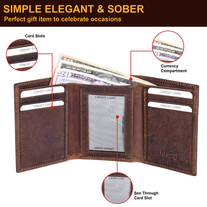 ASAD Leather Slim Everyday Trifold Wallet with ID Window and Multiple Card Slots | Genuine Leather Double Stitched RFID Blocking Stylish | Gift for Him | Hidden Card Pockets