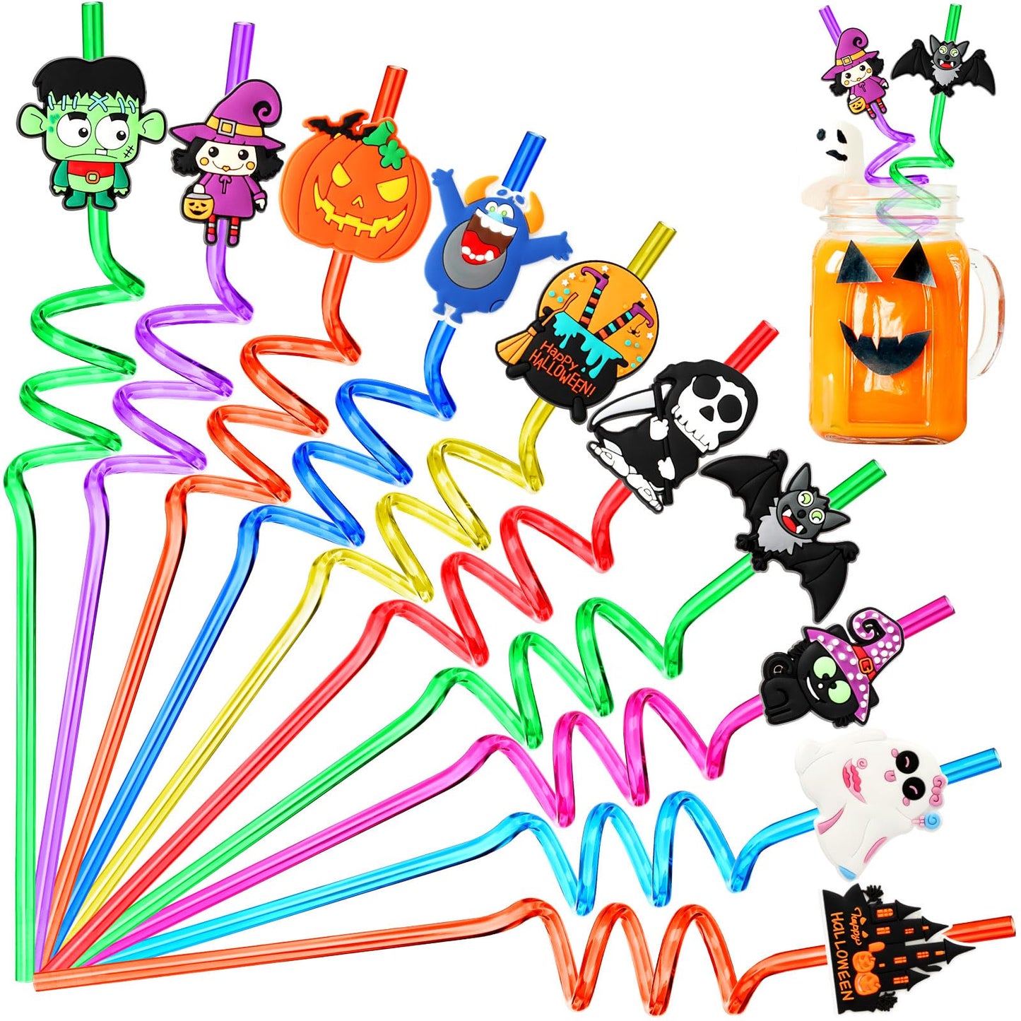 JANYUN Halloween Straws, 20 Pcs Reusable Plastic Crazy Straws Halloween Party Favors Cute Bats Pumpkin Cat Ghost Drinking Straws Halloween Party Supplies（10 Styles）
