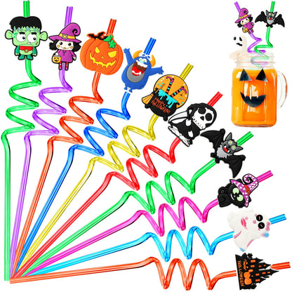 JANYUN Halloween Straws, 20 Pcs Reusable Plastic Crazy Straws Halloween Party Favors Cute Bats Pumpkin Cat Ghost Drinking Straws Halloween Party Supplies（10 Styles）