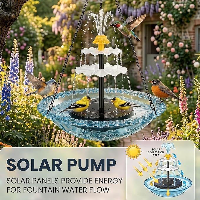 Solar Cascade Hanging Bird Bath Fountain, Solar Fountain Pump with 8 Nozzles, Hanging Bird Bath with Water for Outdoors Garden Patio Backyard Lawn Decor (Gray)