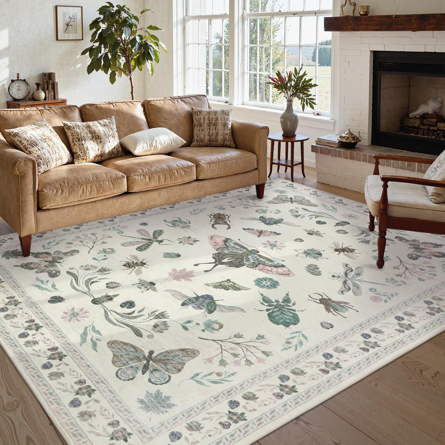 Dadasgk Insect Print Washable Rugs for Living Room, Soft 6x9 Area Rugs for Bedroom, Ultra-Thin Non Slip Nature Area Rug Low Pile Stain Resistant Throw Carpet for Dining Room Office, Beige