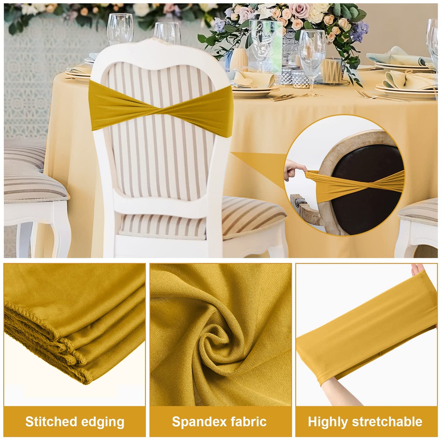 Frienda 120 Pieces Spandex Stretch Chair Sashes Bows, Elastic Chair Cover Bands Ties Without Buckle for Wedding Reception Events Universal Ceremony Banquet Decorations (Dark Gold)