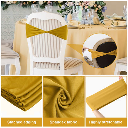 Frienda 120 Pieces Spandex Stretch Chair Sashes Bows, Elastic Chair Cover Bands Ties Without Buckle for Wedding Reception Events Universal Ceremony Banquet Decorations (Dark Gold)
