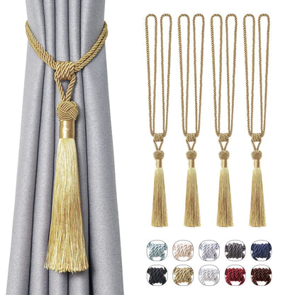 NICEEC 4 Pack Long Tassel Curtain Tiebacks Handmade Braided Rope Knot Drape Tie Backs European Style Decorative Curtain Holdbacks for Home & Office Window Drapery (Gold)