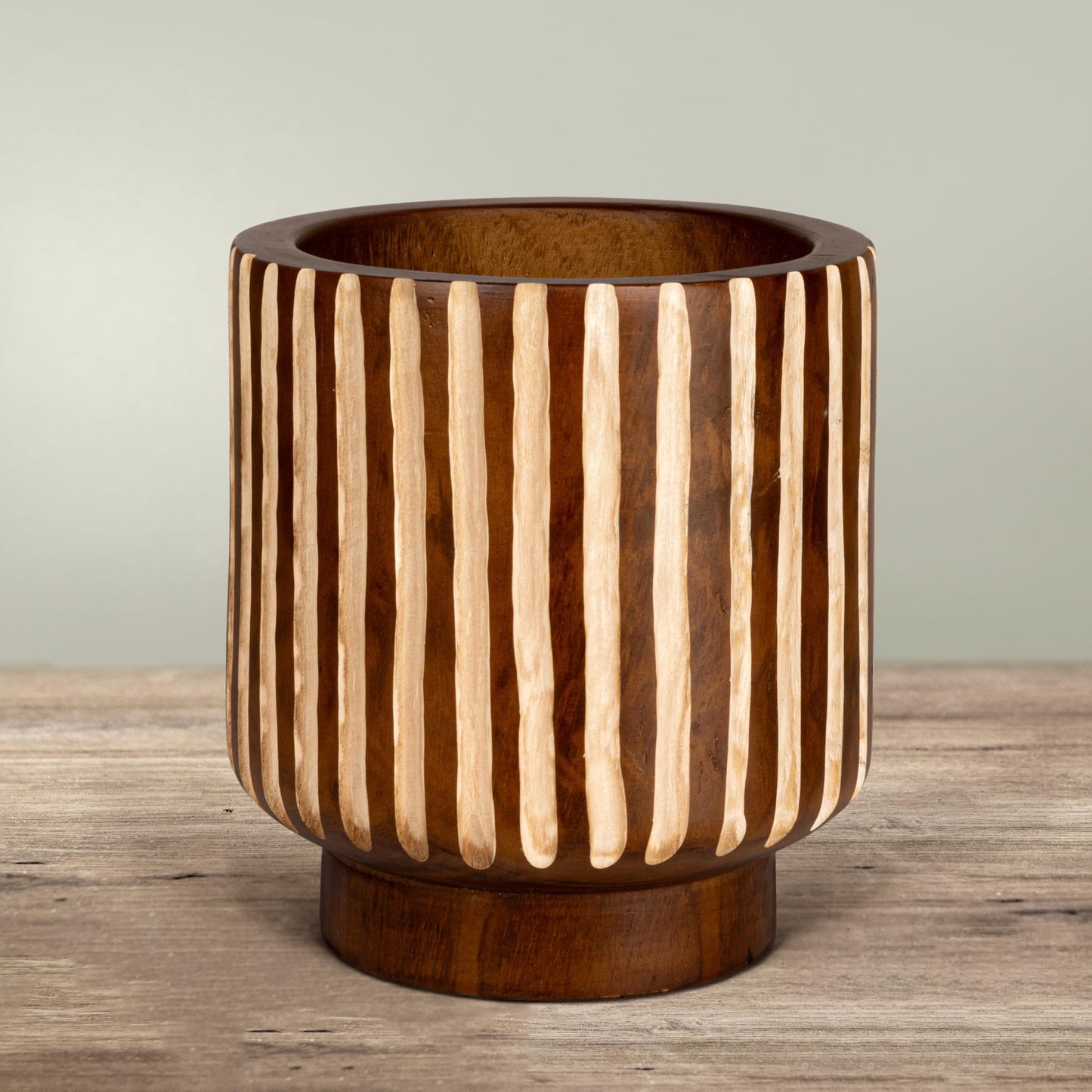 Creative Co-Op Hand-Carved Wood Planter with Stripes, Walnut Finish