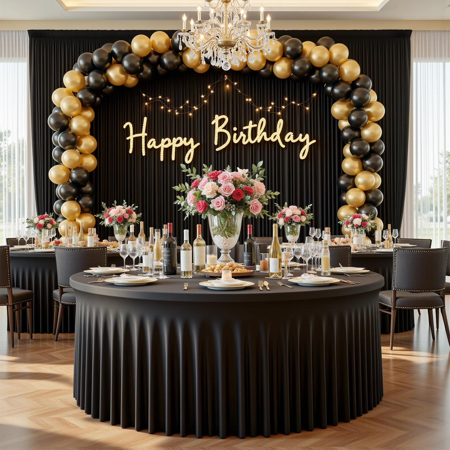 4 Pack 132 Inch Black Round Tablecloth, Fitted Tablecloths for 6FT Round Tables, Spandex Table Cover with Table Skirt for Wedding Photography Party Professional Events Halloween Decoration Indoor