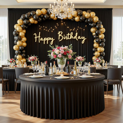 4 Pack 132 Inch Black Round Tablecloth, Fitted Tablecloths for 6FT Round Tables, Spandex Table Cover with Table Skirt for Wedding Photography Party Professional Events Halloween Decoration Indoor