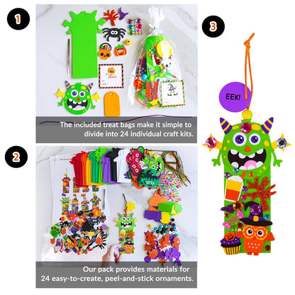 Winlyn 24 Sets Halloween Craft Kits Fall Crafts DIY Candy Corn Bat Ghost Witches Bookmark Ornaments Art Sets Foam Stickers Arts and Crafts for Kids Classroom Activities Trick-or-Treaters Party Favors