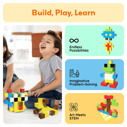 PicassoTiles 102pcs Pixel Magnetic Puzzle Cube 1” Pixel Mix & Match Toys with Ideabook STEM Education Learning Building Block Magnets Construction ToySet Stacking Creative Kit for Kids Age 3+ PMC102