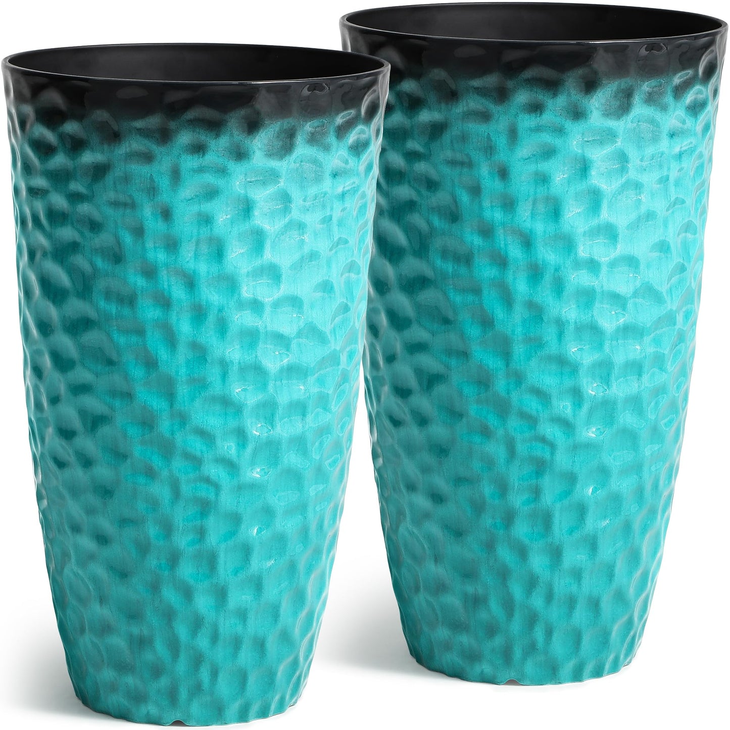 Ultym 23.75" H Large Tall Outdoor Planters, Set of 2 Plastic Large Flower Pots for Outdoor Plants, with Turquoise Teal Honeycomb Texture, Weather-Resistant for Porch, Garden, Patio or Indoor Use
