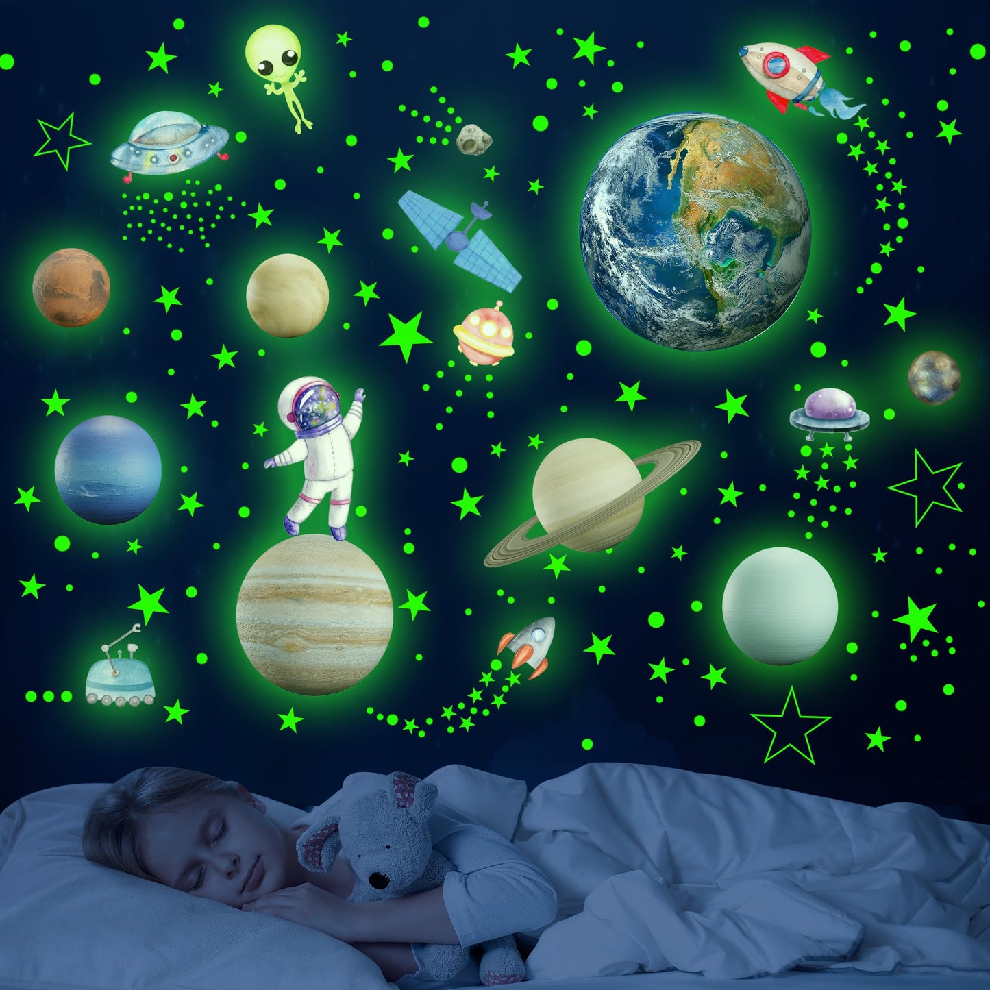 Glow in The Dark Stars Solar System Wall Decals, Star and Planets Stickers for Ceiling, Kids Wall Sticker Space Room Decor (Green)