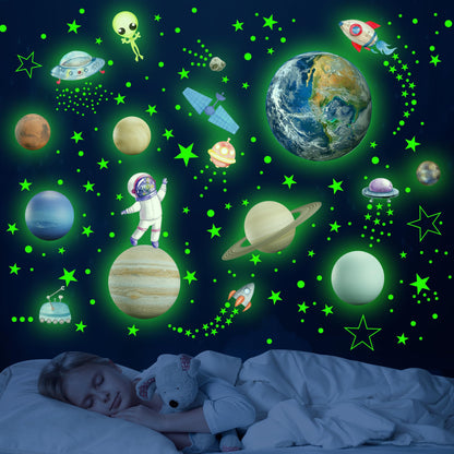 Glow in The Dark Stars Solar System Wall Decals, Star and Planets Stickers for Ceiling, Kids Wall Sticker Space Room Decor (Green)
