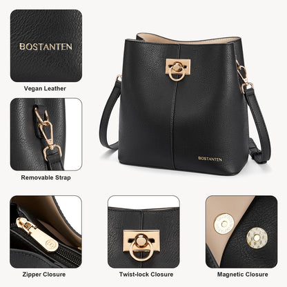 BOSTANTEN Crossbody Bucket Shoulder Bags for Women Vegan Leather Purse Cross Body Handbag Multiple Pockets Black