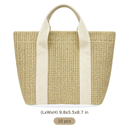 10 Pcs Straw Beach Tote Bags, Woven Handbag with Handle, Bachelorette Beach Bags, Suitable for Women Vacation & Shopping