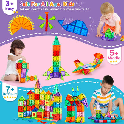Dopyye 132 PCS Magnetic Tiles Building Blocks with 2 Cars, STEM Educational Construction Montessori Toys for Kids Ages 3 4 5 6 7 8 9, Magnet Building Set Gift for Boys Girls