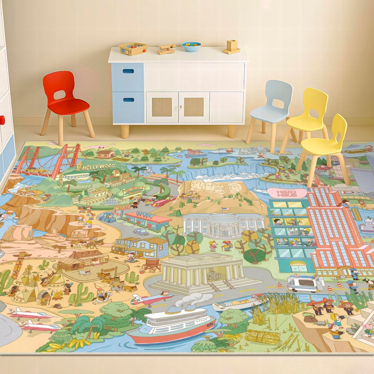 Large Kids Area Rug 6x9 – Interactive North America Map Carpet with States, Animals & Famous Landmarks – Soft Non-Slip Learning Play Mat for Kindergarten, School, or Bedroom Décor