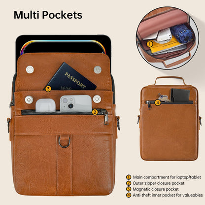 11 Inch Tablet Shoulder Bag Leather Carrying Case for 11 inch iPad A16, iPad Pro 11" M5 M4/ iPads Air 11" M4 M3 M2 2026 2025 with Magic Keyboard, Vertical Laptop Sleeve Messenger Computer Bag, Brown