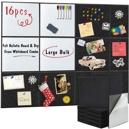 BXI Magnetic Dry Erase Whiteboard & Felt Bulletin Board with Pins Combo, 16 Pcs 12 X 12 X 3/8 Inch Self-Adhesive Vision Display Tiles, Note Memo Panels for Home School Education Office Wall Decor
