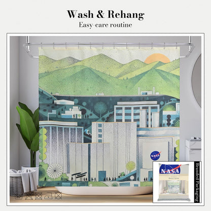 DRIFTED ROOT NASA Licensed Shower Curtain Set, Green Frontier and Mountain Design, Space Poster Art, Oxford Cloth, Bathroom Hotel Decor (Green Frontier-Ivory/Green, 72" W x 72" L (Pack of 1))