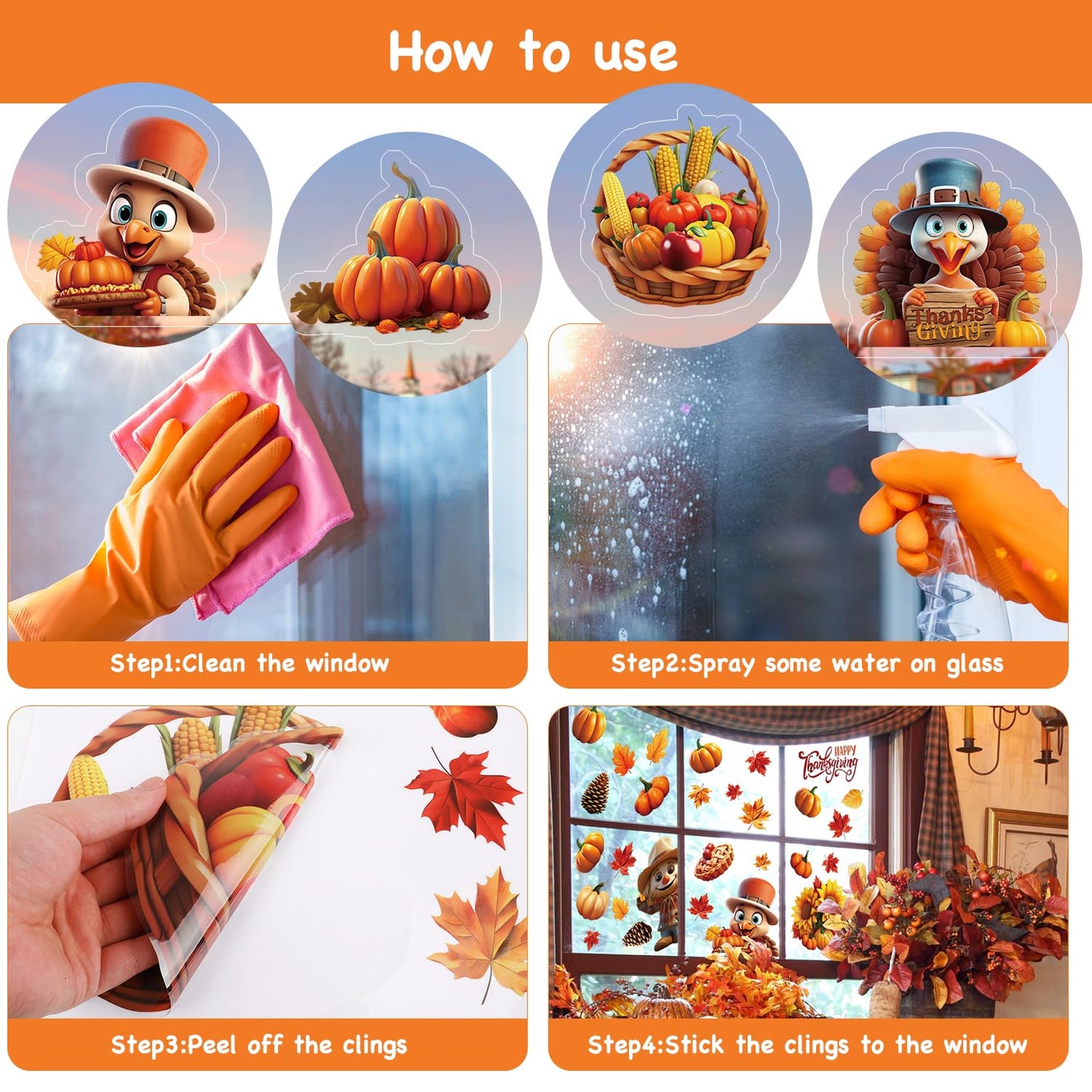 LOKIPA 3D Thanksgiving Window Stickers, 8 Sheets Thanksgiving Window Clings Double Sided Windows Decals for Thanksgiving Windows Decorations