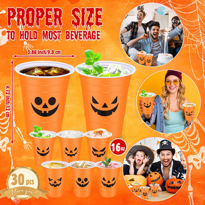 Potchen Halloween Party Disposable Cups Plastic 16oz Ghost Skeleton Drinking Cups Pumpkin Blood Halloween Decoration for Cold Beverage Birthday Horror Theme Goth Party Favors(30 Pcs,Pumpkin)