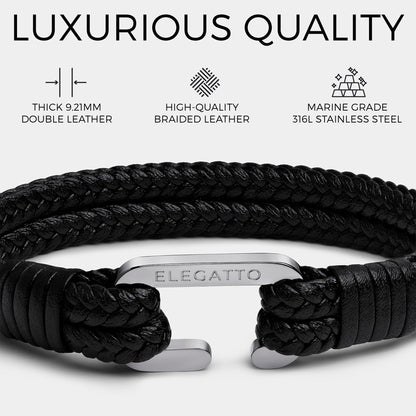 Elegatto Meraki Premium Double Braided Leather Bracelet for Men | Full-Grain Leather with Silver Polished Stainless Steel C-Clasp | Men’s Designer Bracelets