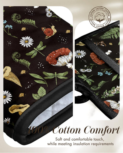 Miss Adola Cotton Oven Mitts and Pot Holders Sets - Quilted Lining Heat Resistant 4 Pieces Set with Hanging Loop Cute Farmhouse Boho Spring Kitchen Decor and Accessories, Black Mushroom