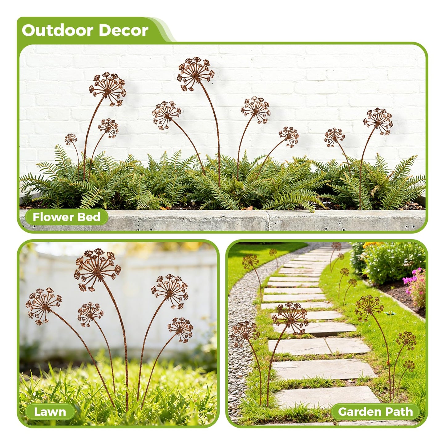 KODIBO 5-Pack Garden Stakes Decorative, Metal Dandelion Yard Stakes Outdoor Decor, Antique Rust Patina Yard Art, Rustic Garden Accents for Lawn, Border, Planters, Patio & Front Yard Landscaping