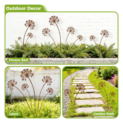 KODIBO 5-Pack Garden Stakes Decorative, Metal Dandelion Yard Stakes Outdoor Decor, Antique Rust Patina Yard Art, Rustic Garden Accents for Lawn, Border, Planters, Patio & Front Yard Landscaping