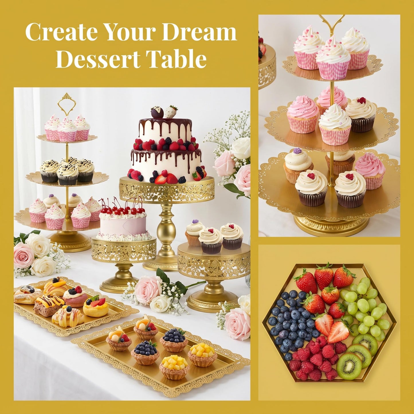 Jucoan 10 Pieces Gold Metal Cake Stand Set, Cupcake Holder Pastry Candy Fruits Serving Plate, Gold Dessert Table Stands and Trays Set for Wedding Birthday Baby Shower Bridal Shower Tea Party