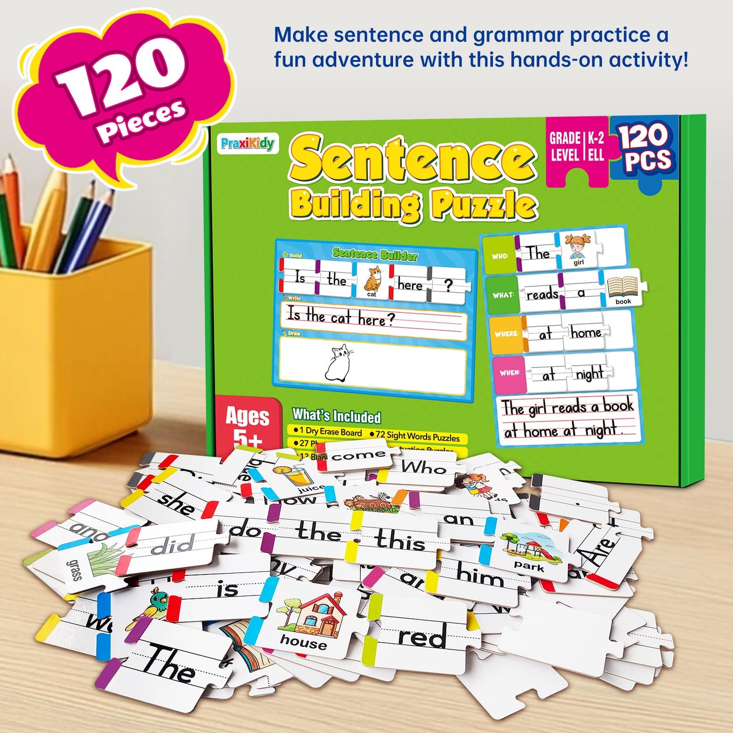 PraxiKidy Sentence Building for Kids,Sight Word Puzzles for Kindergarten 1st 2nd Grade,Speech Therapy Materials ESL Special Education Classroom Must Haves Reading Games Learning Activities Homeschool