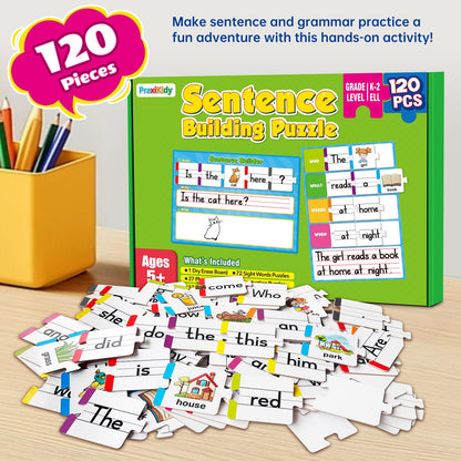 PraxiKidy Sentence Building for Kids,Sight Word Puzzles for Kindergarten 1st 2nd Grade,Speech Therapy Materials ESL Special Education Classroom Must Haves Reading Games Learning Activities Homeschool