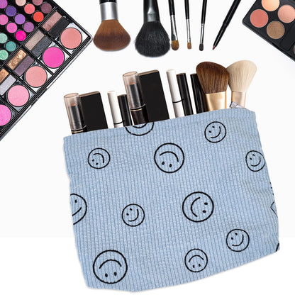 HFZRZFH Smiley Face Makeup Bag - Cute Blue Corduroy Small Toiletry Bags for Women, Soft Mini Skincare Organizer, Small Zipper Pouch For Travel Use