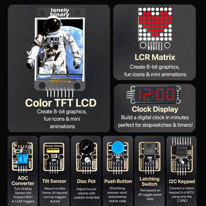 Lonely Binary 46-Piece Sensor Module Kit for Arduino, ESP32, Raspberry Pi Pico - Gold Edition with OLED, LED Matrix, 7-Segment Display, Lead-Free ENIG | STEM Learning DIY Starter Kit with Tutorials