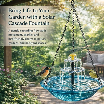 Solar Powered Hanging Bird Bath, Vibrant Blue Multi-Tier Waterfall Fountain for Outside, Easy to Hang Bird Oasis for Garden Decoration, Balcony, for Bird Lovers (Pink)