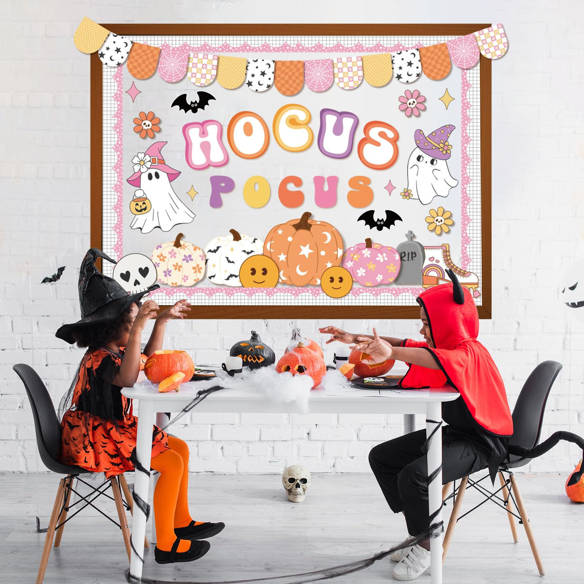 Pasimy Halloween Bulletin Board Decorations Set Halloween Theme Classroom Decor Spider Bat Ghost Pumpkin Cutouts with Borders for Home School Party Supplies (Hocus Pocus)