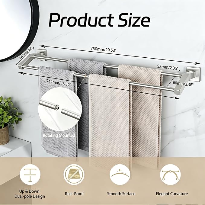 Alise Double Towel Bar, 32 Inch Towel Rack for Bathroom Wall Mounted, SUS304 Stainless Steel Bathroom Towel Holder Joining Process Towel Rail for Bathroom, Brushed Nickel