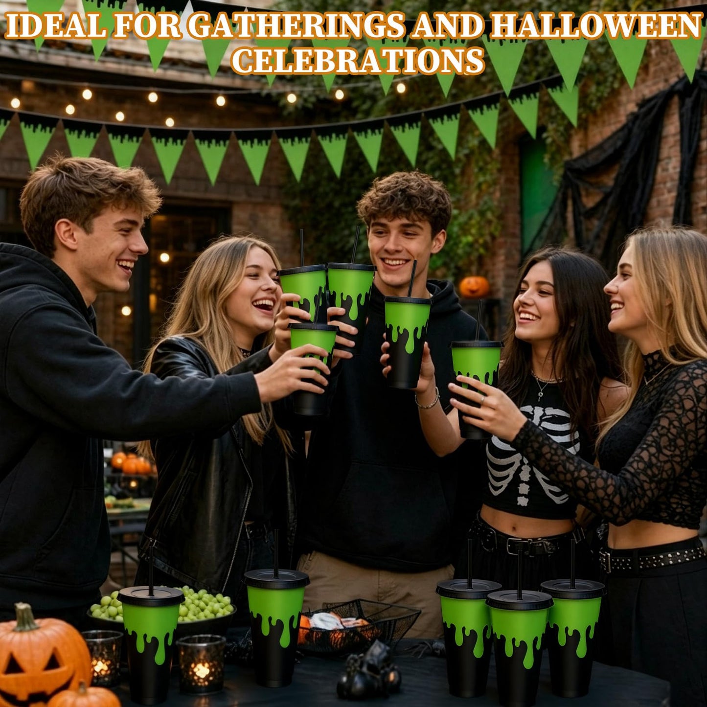 Acellegic 12 Pcs Halloween Party Decorations Green and Black Plastic Gifts Cups with Lids and Straws Reusable 24 oz Ghost Plastic Tumblers Bulk for Halloween Birthday Party Favors Decoration Supplies