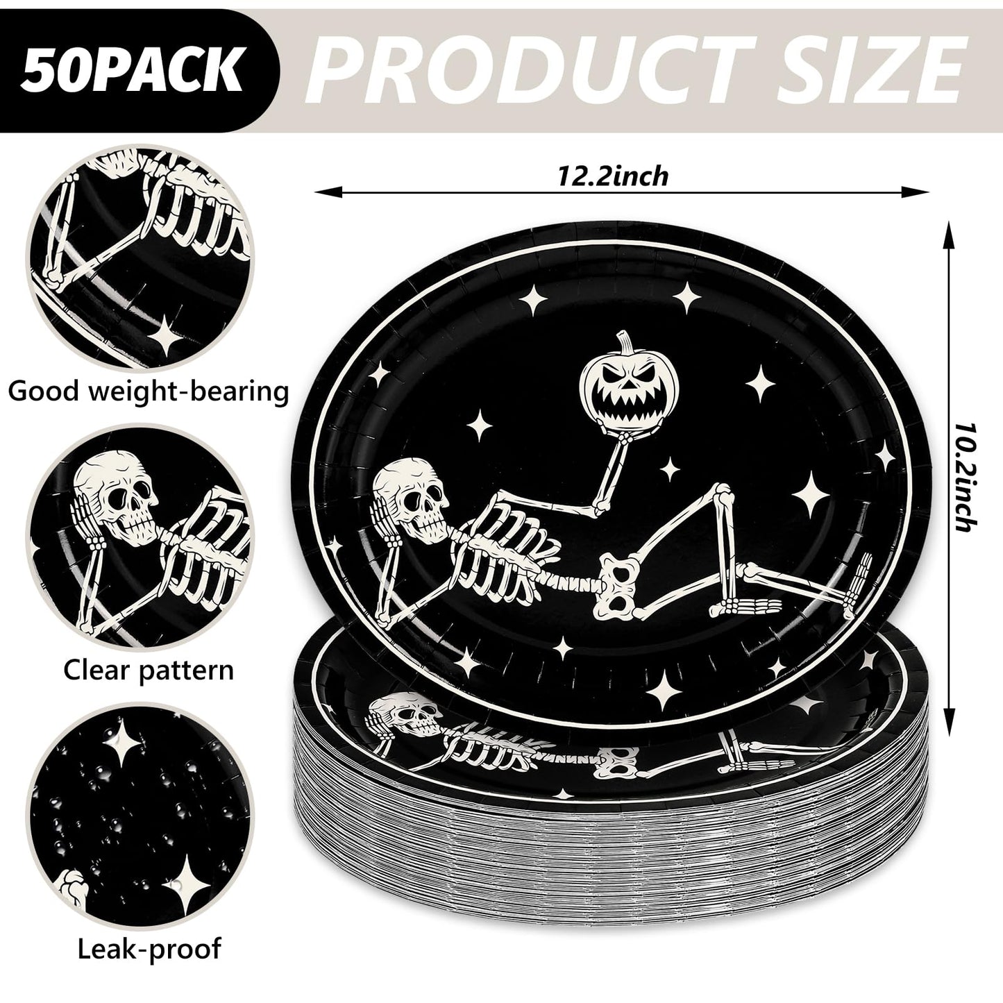 JarThenaAMCS 50Pcs Halloween Oval Paper Plates 10" x 12" Large Black White Skeleton Pumpkin Disposable Plates Spooky Platters for Halloween Holiday Party Tableware Supplies